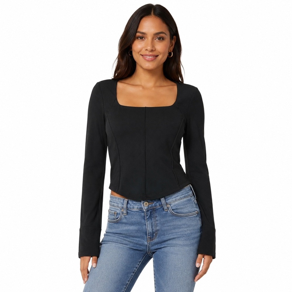 Move Theology Black Long Sleeve Corset Top Square Neck Built-in Bra Thumbholes L